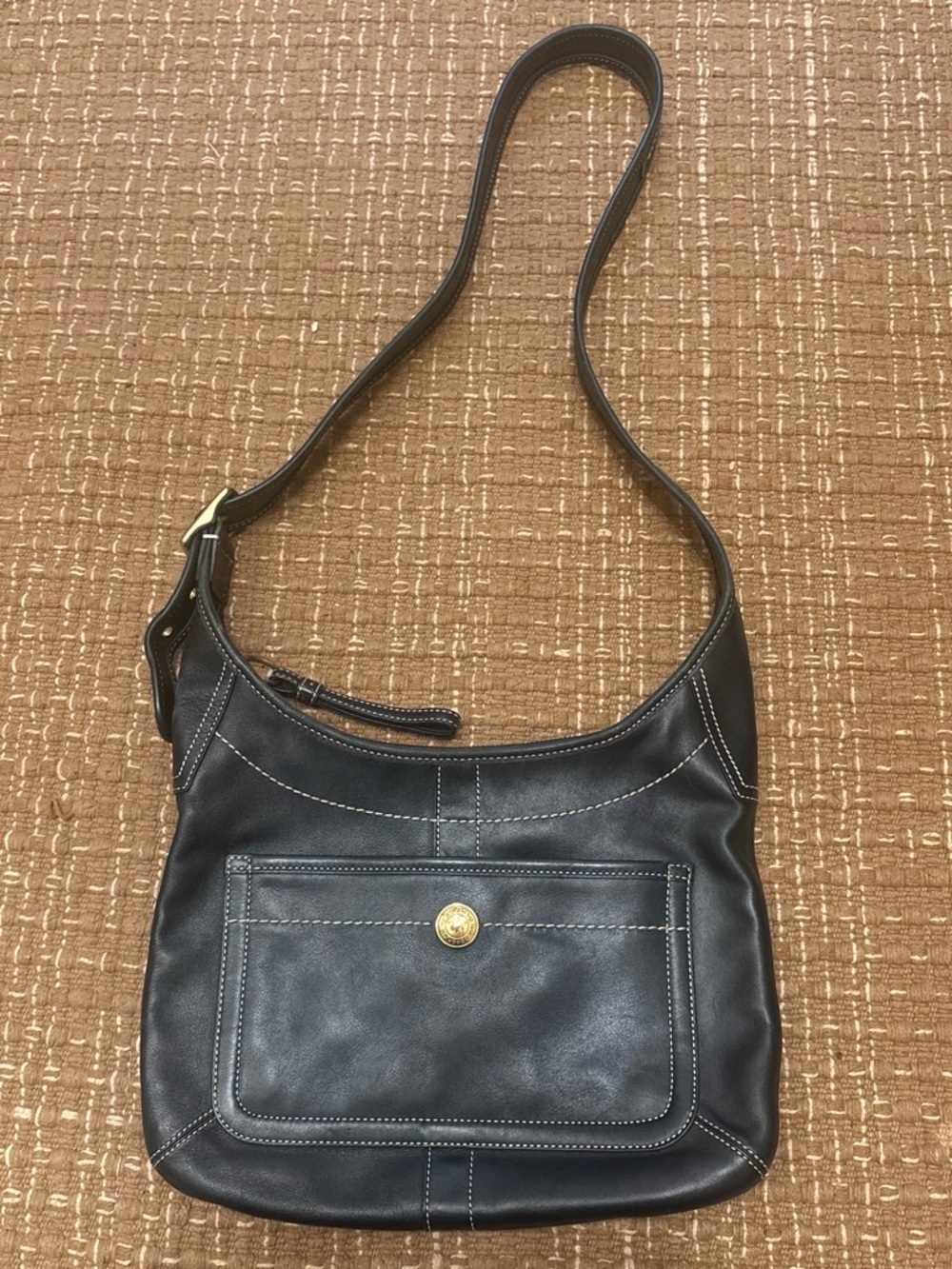 Coach Black Leather Shoulder Bag with Gold Snap Detail